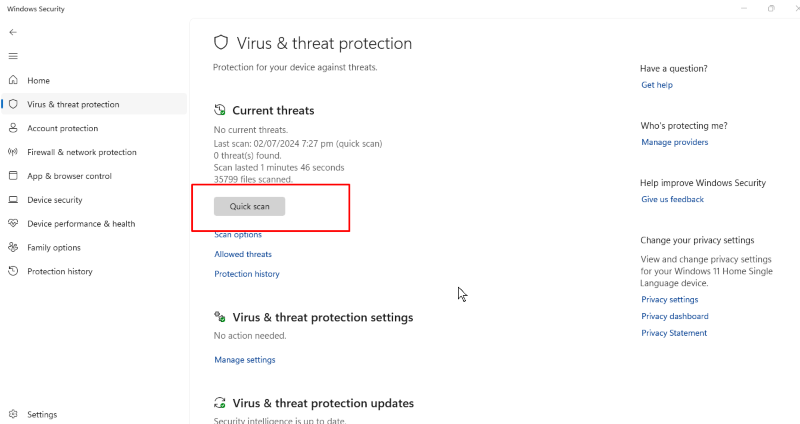 quick scan to Fix Protection Definition Update Failed on Windows 10